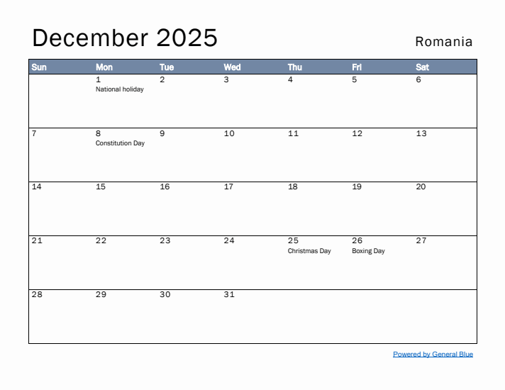 December 2025 Simple Monthly Calendar for Romania