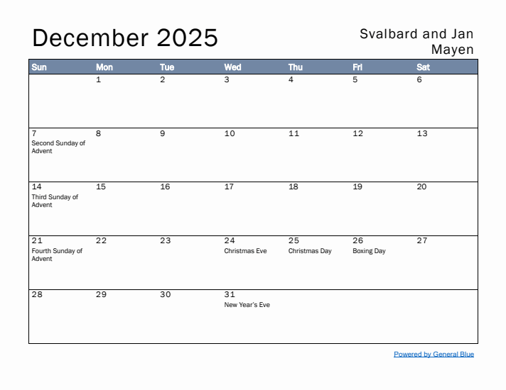 December 2025 Simple Monthly Calendar for Svalbard and Jan Mayen