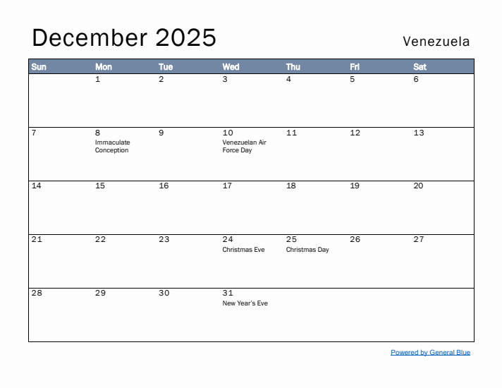 December 2025 Simple Monthly Calendar for Venezuela