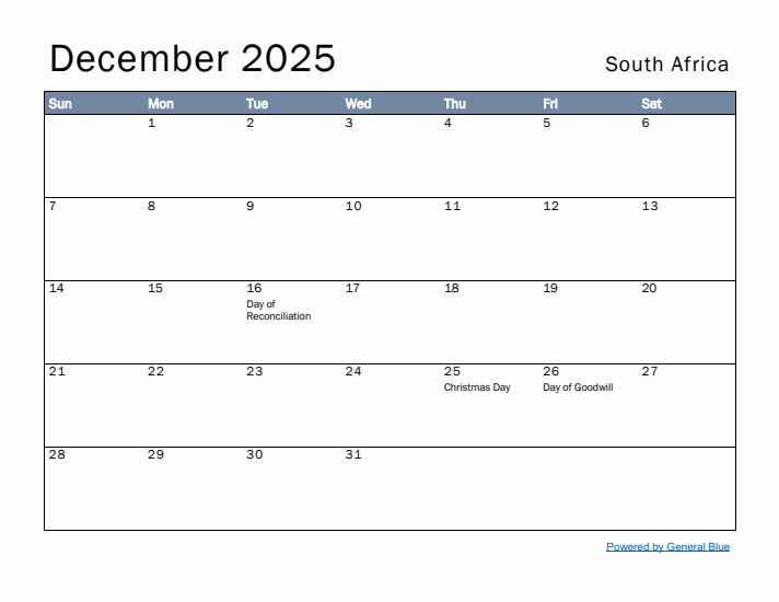 December 2025 Simple Monthly Calendar for South Africa