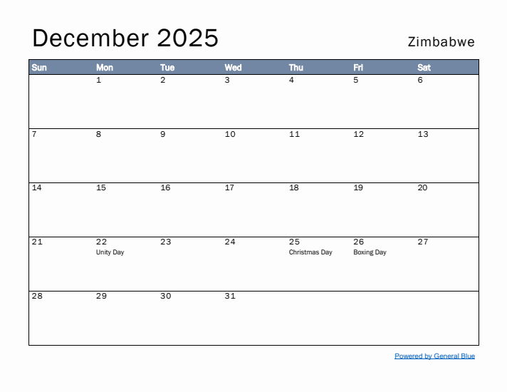 December 2025 Simple Monthly Calendar for Zimbabwe