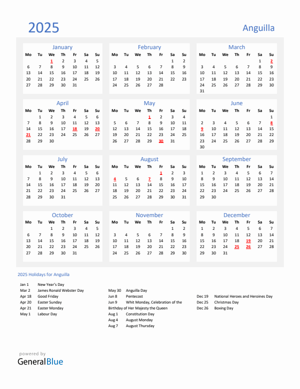 Basic Yearly Calendar with Holidays in Anguilla for 2025 