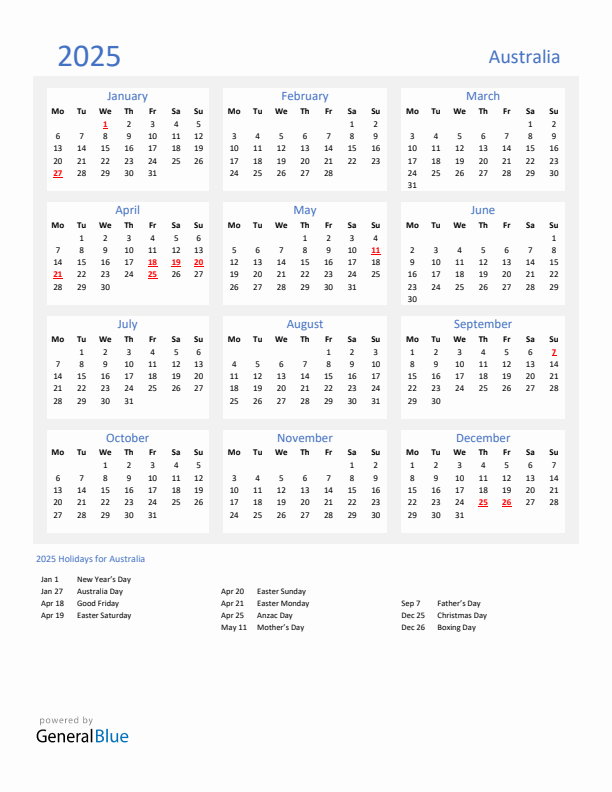 Basic Yearly Calendar with Holidays in Australia for 2025 