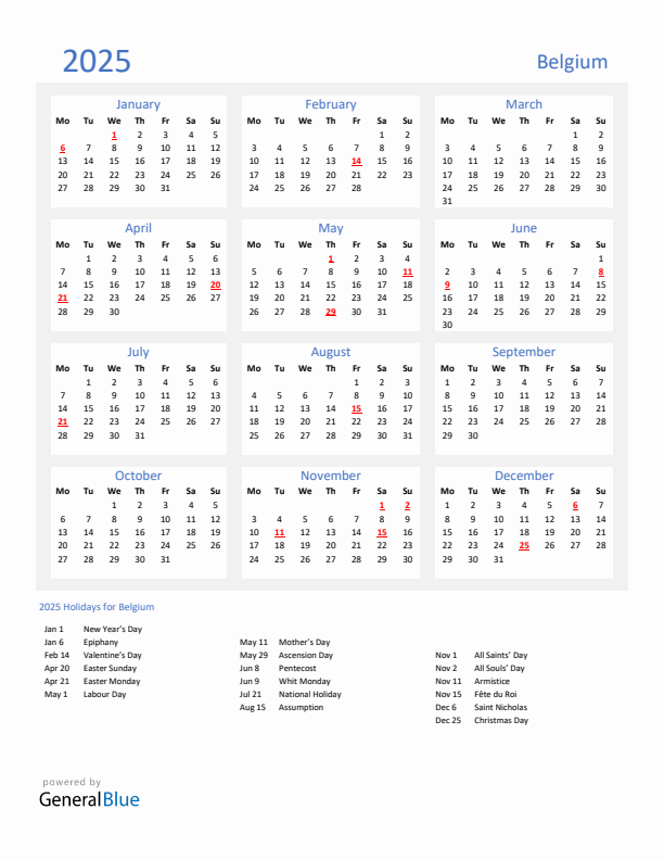 Basic Yearly Calendar with Holidays in Belgium for 2025 