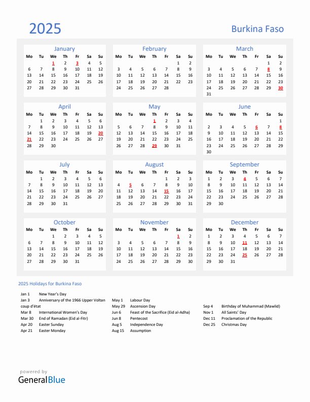 Basic Yearly Calendar with Holidays in Burkina Faso for 2025 