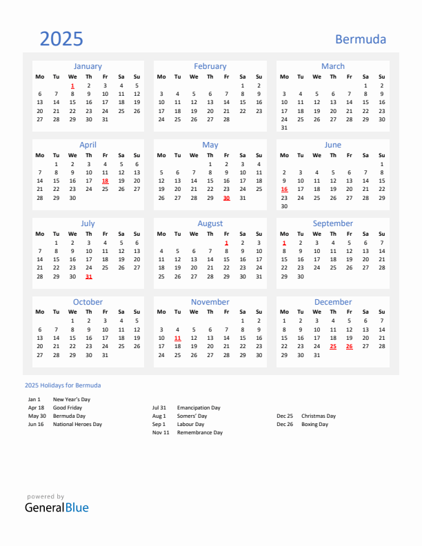 Basic Yearly Calendar with Holidays in Bermuda for 2025 