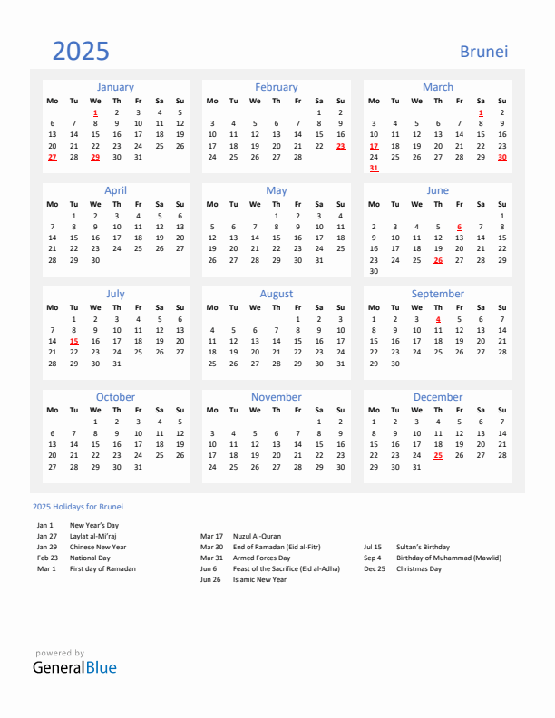 Basic Yearly Calendar with Holidays in Brunei for 2025 