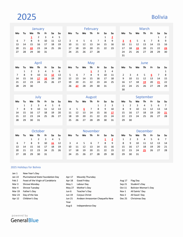 Basic Yearly Calendar with Holidays in Bolivia for 2025 