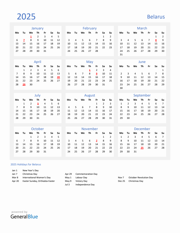 Basic Yearly Calendar with Holidays in Belarus for 2025 