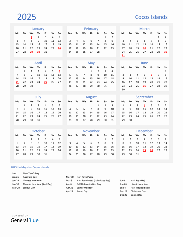 Basic Yearly Calendar with Holidays in Cocos Islands for 2025 