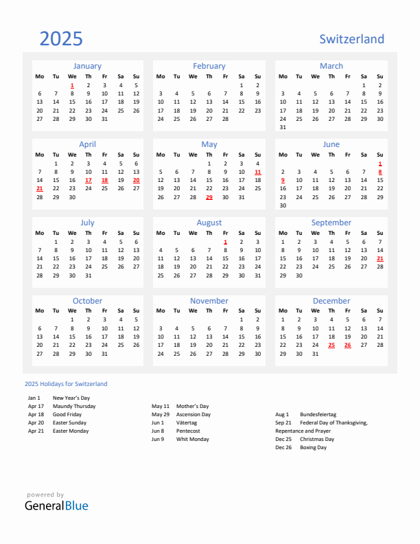 Basic Yearly Calendar with Holidays in Switzerland for 2025 