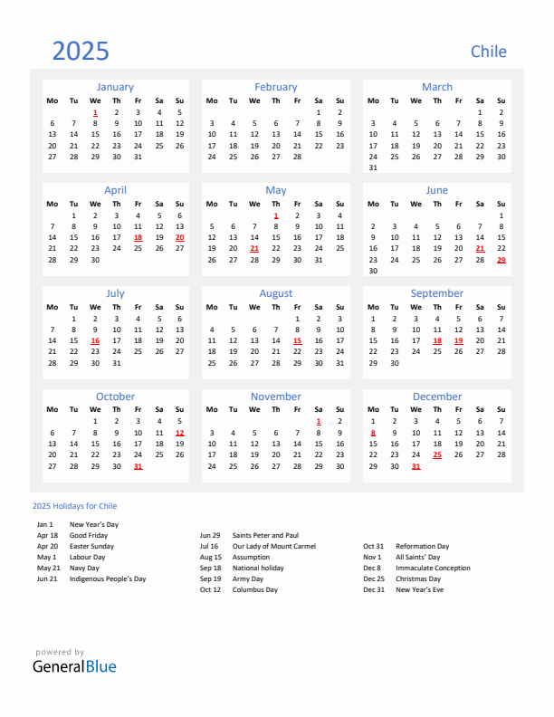 Basic Yearly Calendar with Holidays in Chile for 2025 