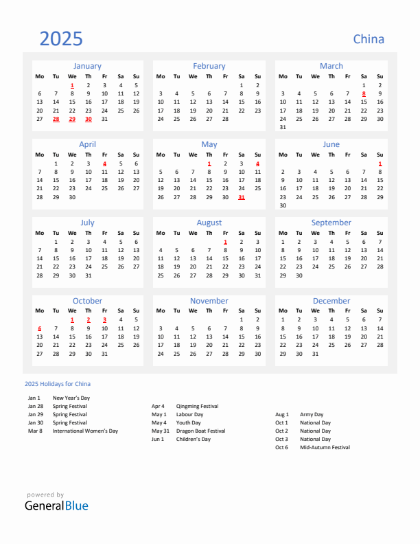 Basic Yearly Calendar with Holidays in China for 2025 