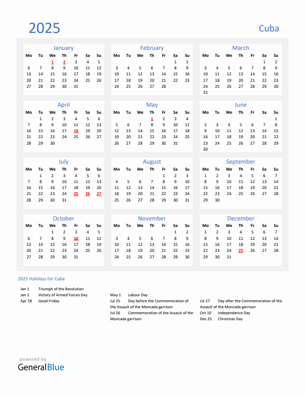 Basic Yearly Calendar with Holidays in Cuba for 2025 