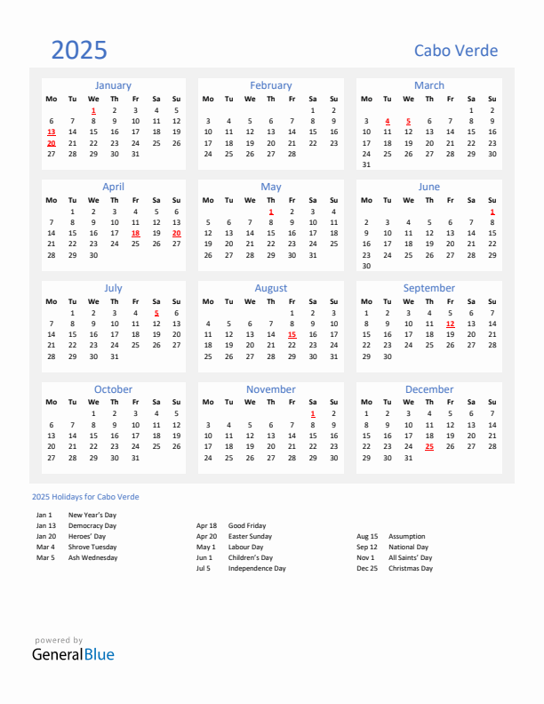 Basic Yearly Calendar with Holidays in Cabo Verde for 2025 