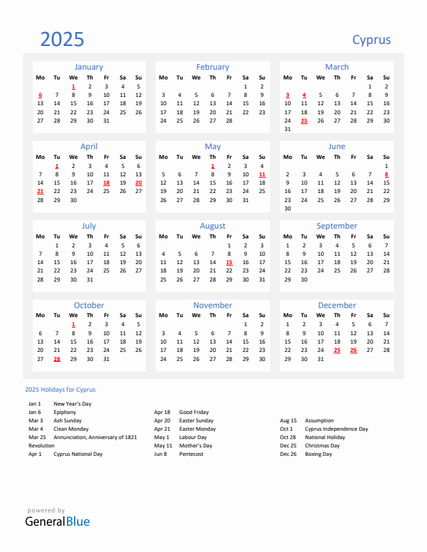 Basic Yearly Calendar with Holidays in Cyprus for 2025 