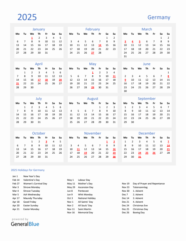 Basic Yearly Calendar with Holidays in Germany for 2025 