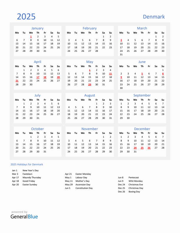 Basic Yearly Calendar with Holidays in Denmark for 2025 