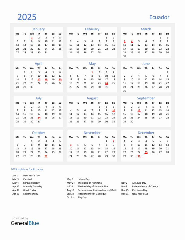 Basic Yearly Calendar with Holidays in Ecuador for 2025 