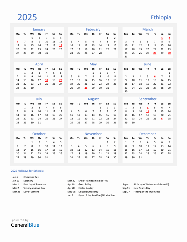 Basic Yearly Calendar with Holidays in Ethiopia for 2025 