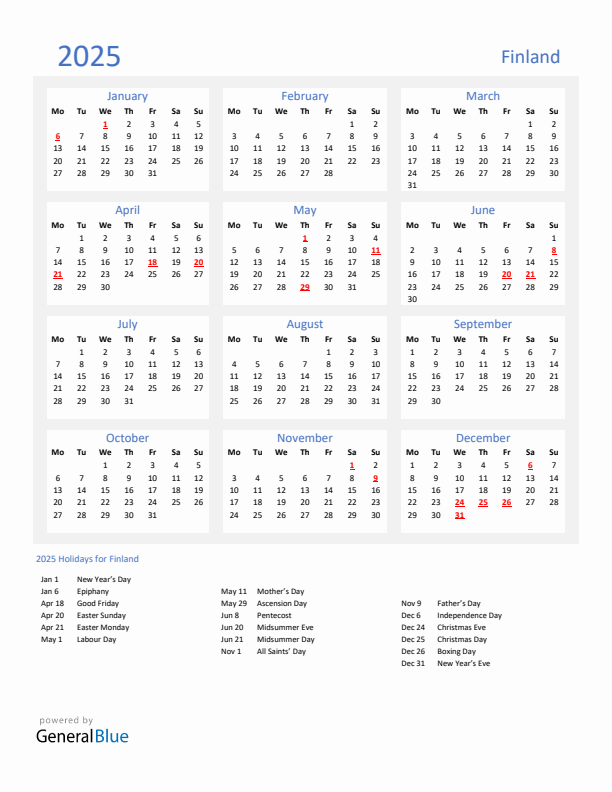 Basic Yearly Calendar with Holidays in Finland for 2025 