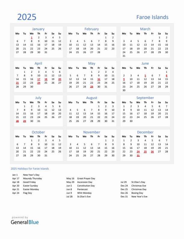 Basic Yearly Calendar with Holidays in Faroe Islands for 2025 