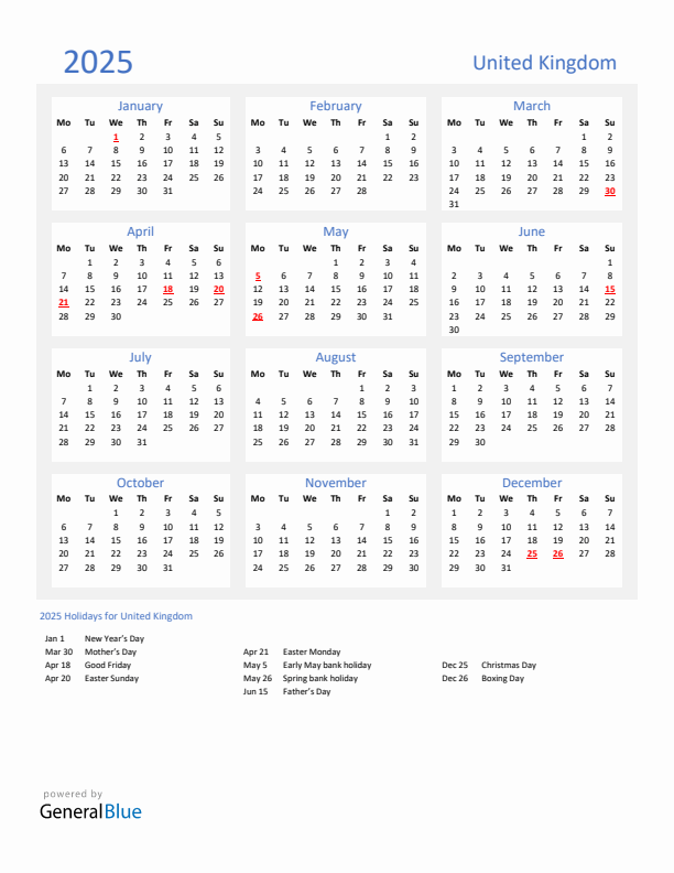 Basic Yearly Calendar with Holidays in United Kingdom for 2025 