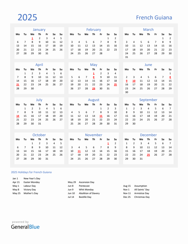 Basic Yearly Calendar with Holidays in French Guiana for 2025 