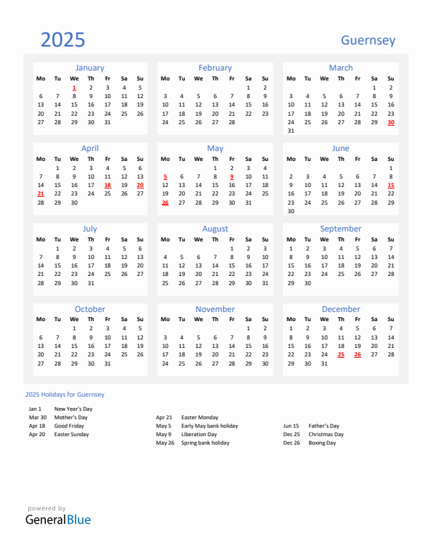 Basic Yearly Calendar with Holidays in Guernsey for 2025 