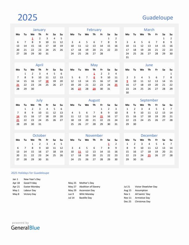 Basic Yearly Calendar with Holidays in Guadeloupe for 2025 