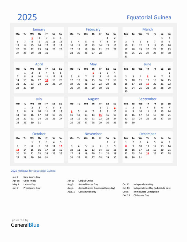 Basic Yearly Calendar with Holidays in Equatorial Guinea for 2025 