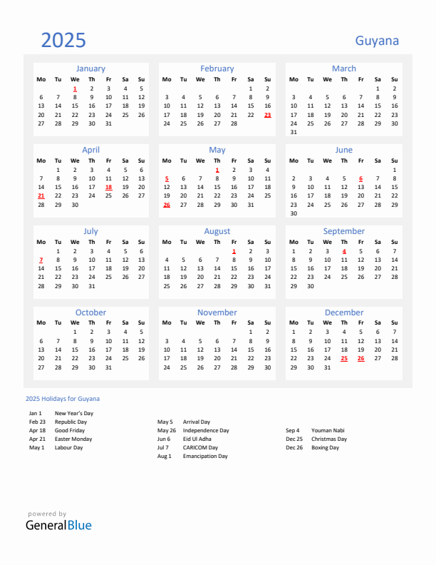 Basic Yearly Calendar with Holidays in Guyana for 2025 