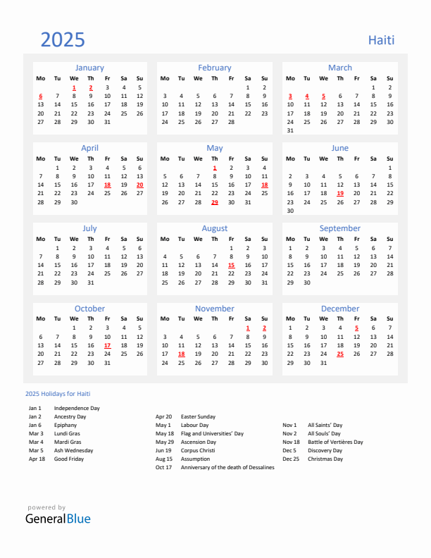 Basic Yearly Calendar with Holidays in Haiti for 2025 