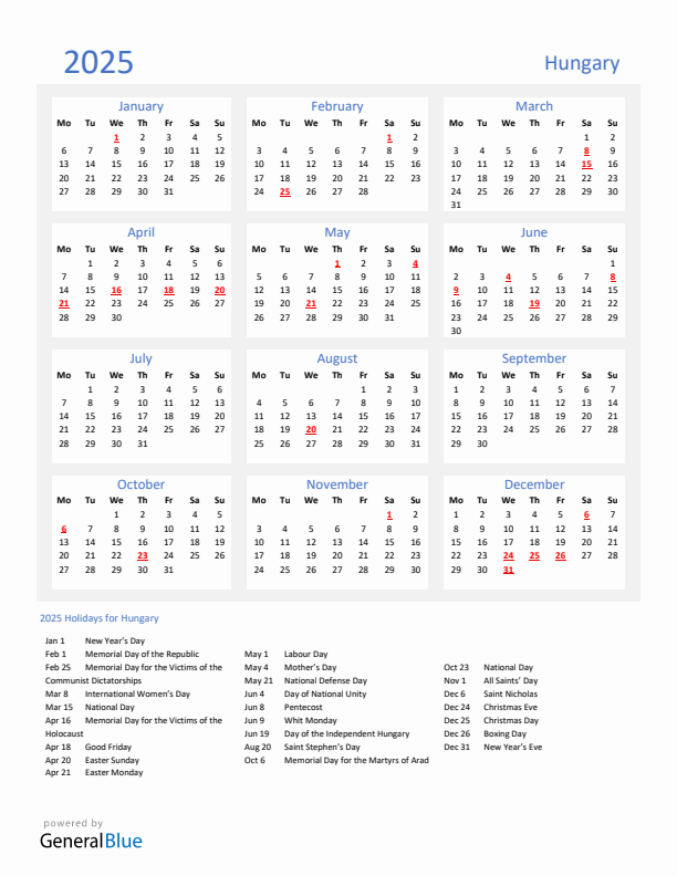 Basic Yearly Calendar with Holidays in Hungary for 2025 