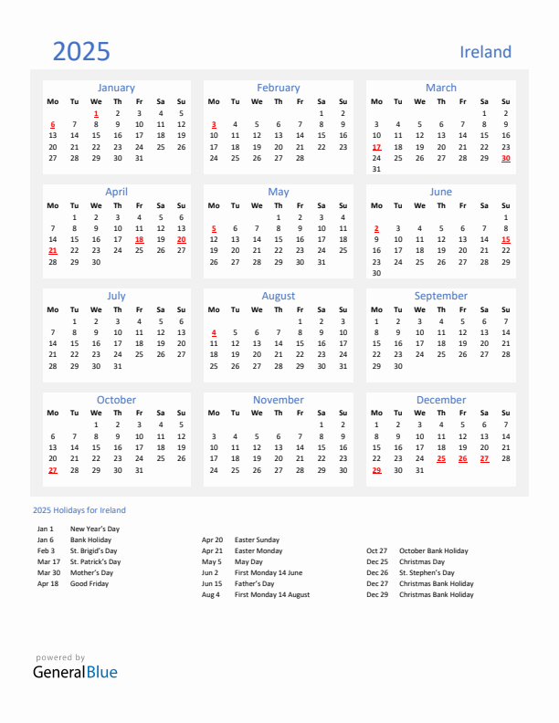 Basic Yearly Calendar with Holidays in Ireland for 2025 