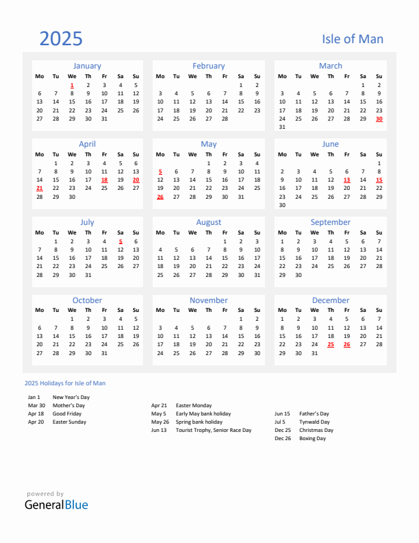 Basic Yearly Calendar with Holidays in Isle of Man for 2025 