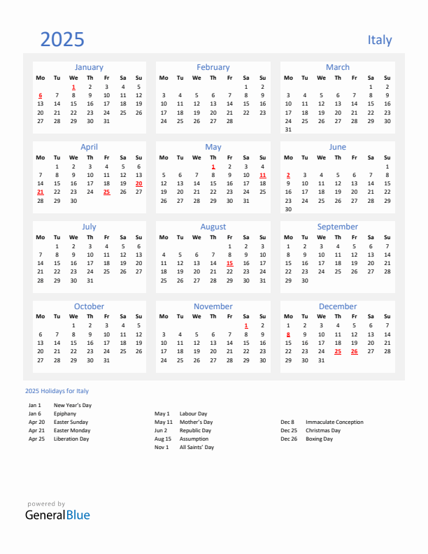 Basic Yearly Calendar with Holidays in Italy for 2025 