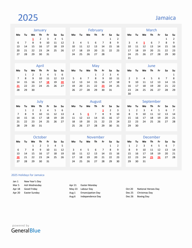 Basic Yearly Calendar with Holidays in Jamaica for 2025 