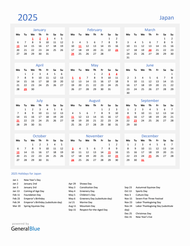 Basic Yearly Calendar with Holidays in Japan for 2025 