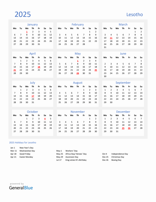 Basic Yearly Calendar with Holidays in Lesotho for 2025 