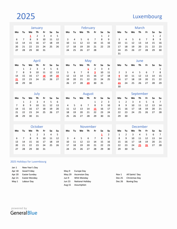 Basic Yearly Calendar with Holidays in Luxembourg for 2025 