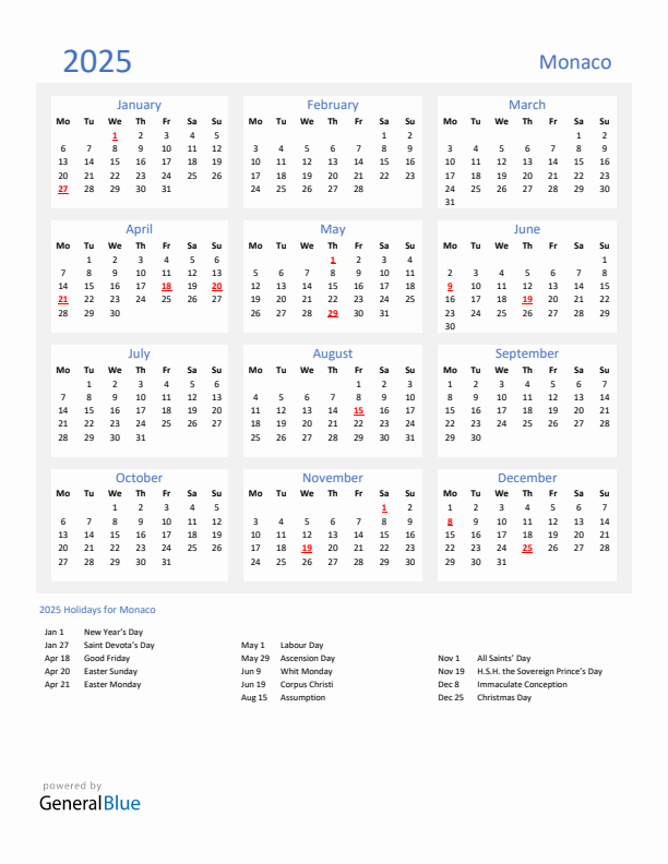 Basic Yearly Calendar with Holidays in Monaco for 2025 