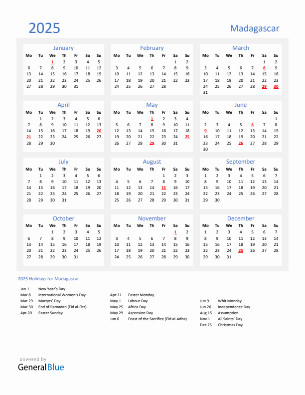 Basic Yearly Calendar with Holidays in Madagascar for 2025 