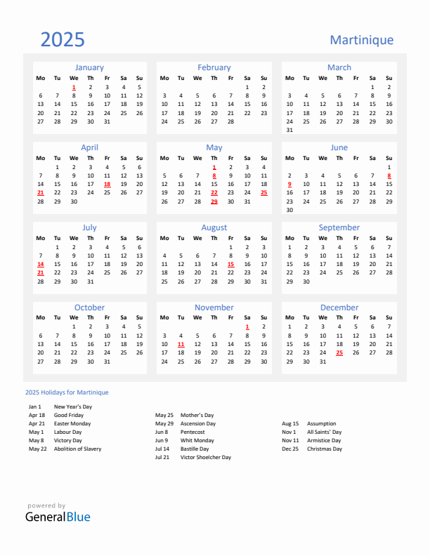 Basic Yearly Calendar with Holidays in Martinique for 2025 