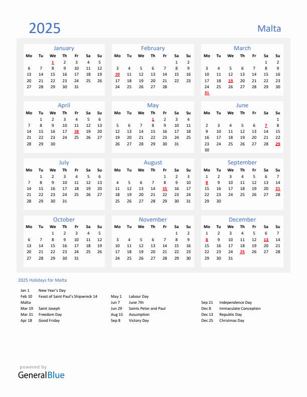 Basic Yearly Calendar with Holidays in Malta for 2025 