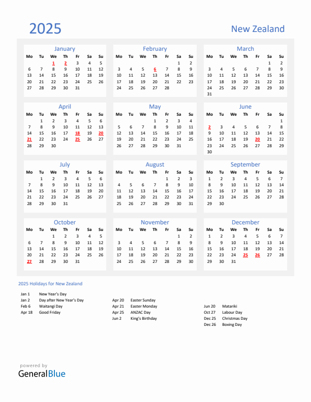 Basic Yearly Calendar with Holidays in New Zealand for 2025 