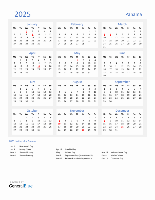 Basic Yearly Calendar with Holidays in Panama for 2025 