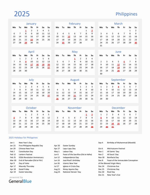 Basic Yearly Calendar with Holidays in Philippines for 2025 