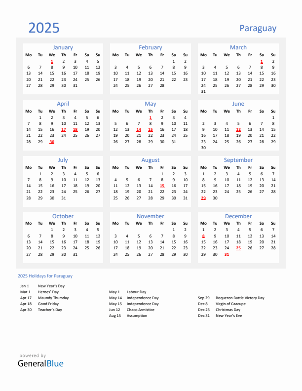 Basic Yearly Calendar with Holidays in Paraguay for 2025 