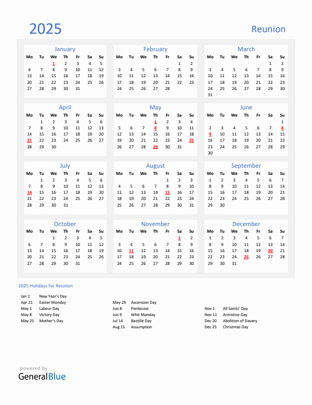 Basic Yearly Calendar with Holidays in Reunion for 2025 